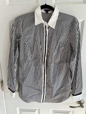 Ann Taylor Black & White Striped Dress Shirt with White Contrast Collar